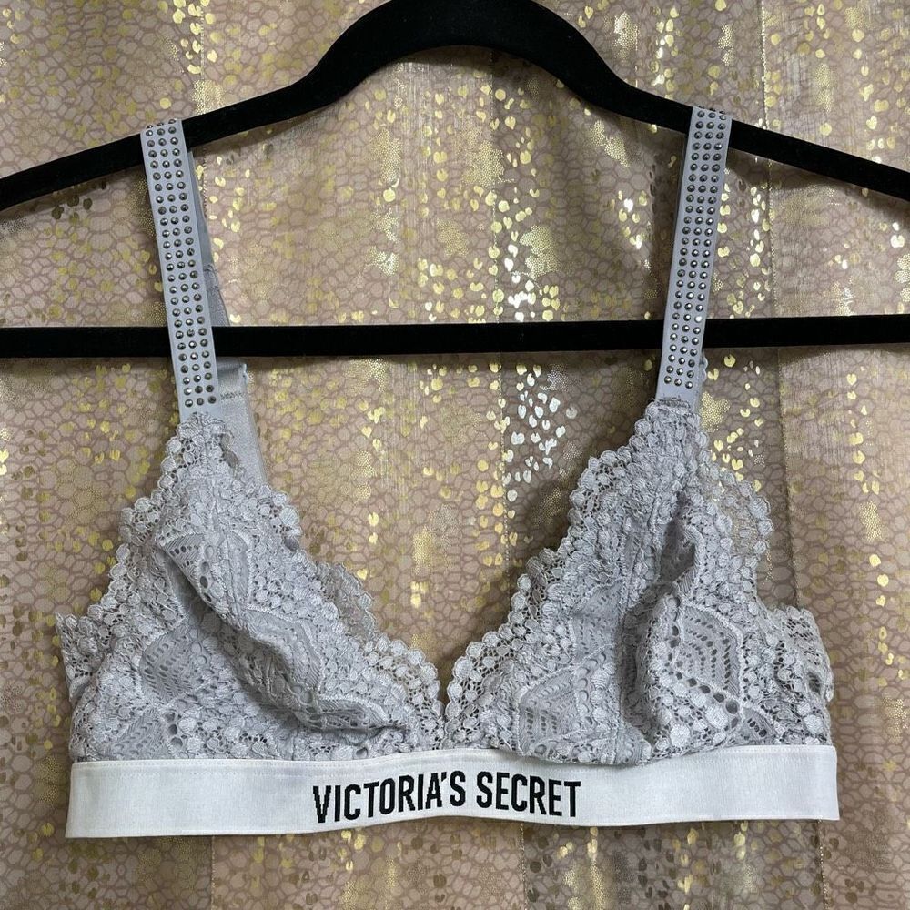 Victorias Secret gray lace rhinestone strap bralette, S